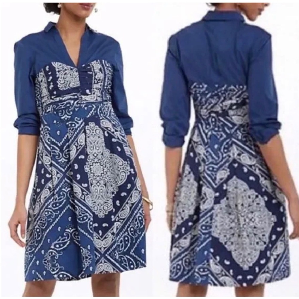 NWT* Anthropologie Holding Horses Bandana Dress Long Sleeve Layered Blue Size 0